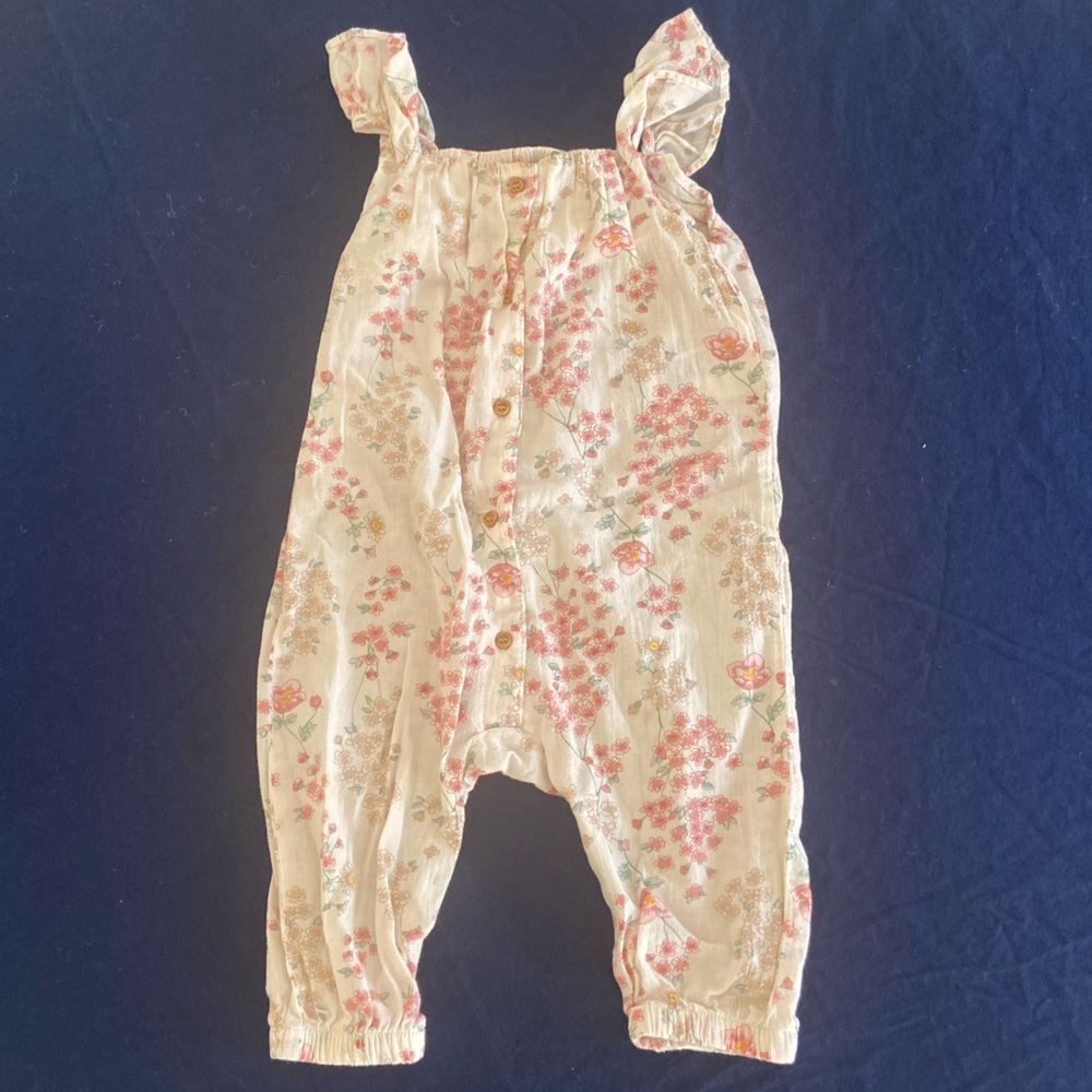 9M H&M 100% Cotton Sleeveless Onesie w/ Shoulder Ruffles & Pink Flowers